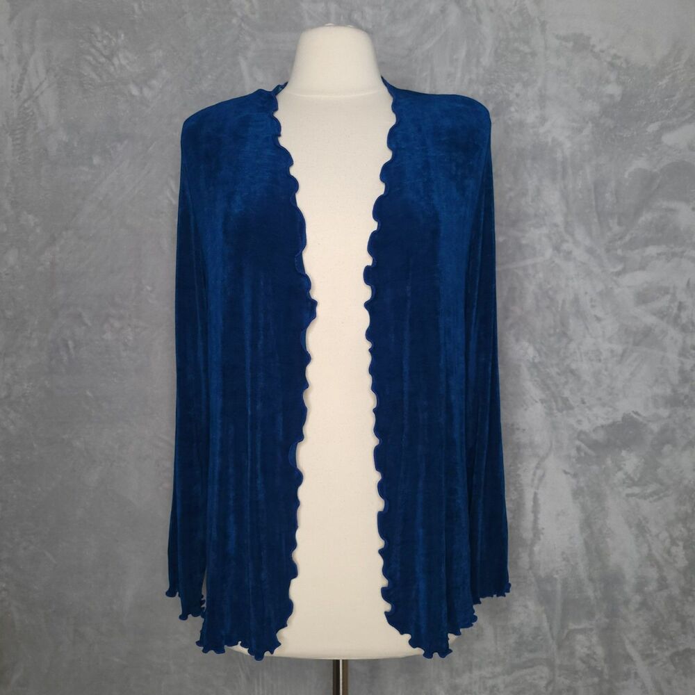 Vintage Blue Slinky Knit Open Front Cardigan Size L Lettuce Trim Vacation Travel